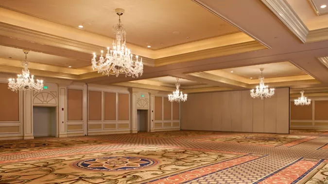 best indoor wedding venues in california Interior view of the grand ballroom at The Langham Huntington Pasadena, showcasing historic architecture, chandeliers, and luxury event styling ideal for indoor weddings.