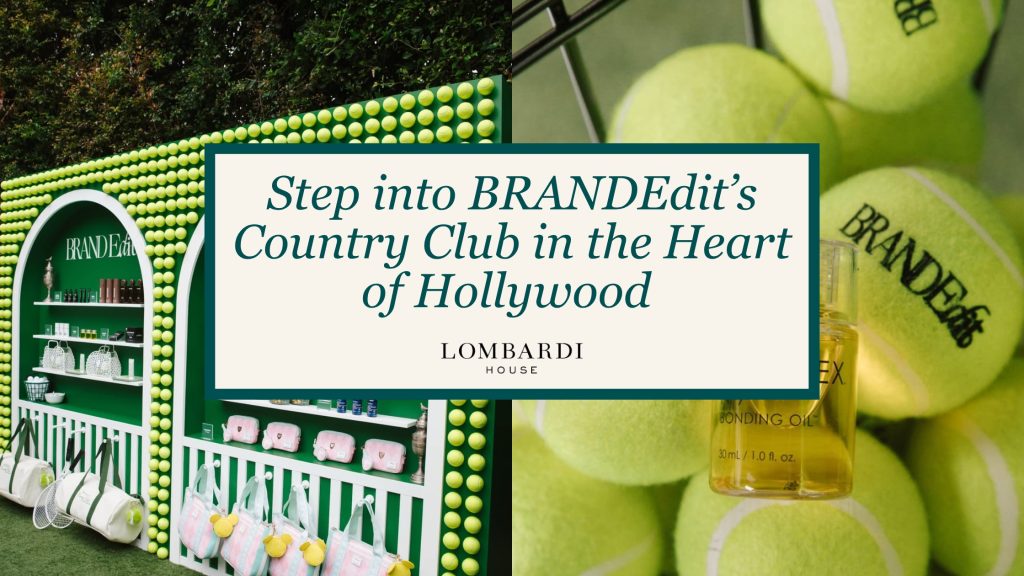 Dream Weddings Bronson - 2 - Lombardi House Promotional banner for BRANDEdit's Country Club in Hollywood, shown over a tennis-themed storefront with green walls and yellow tennis balls.